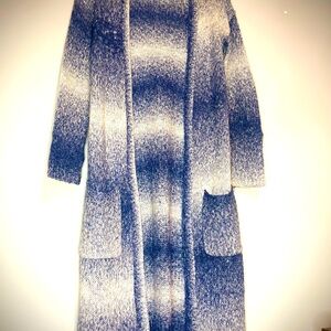 Long soft, sweater, blue and white.